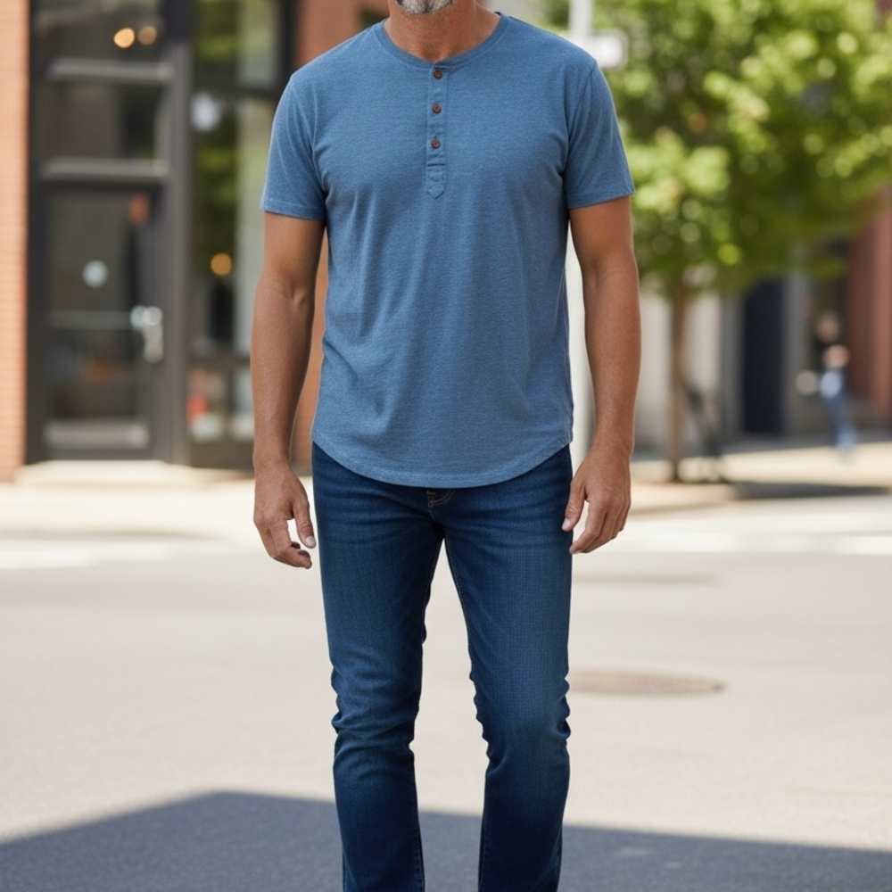 Men's Blue Henley Polo Shirt Short Sleeve Large Cotton/Spandex Blend Lightweight